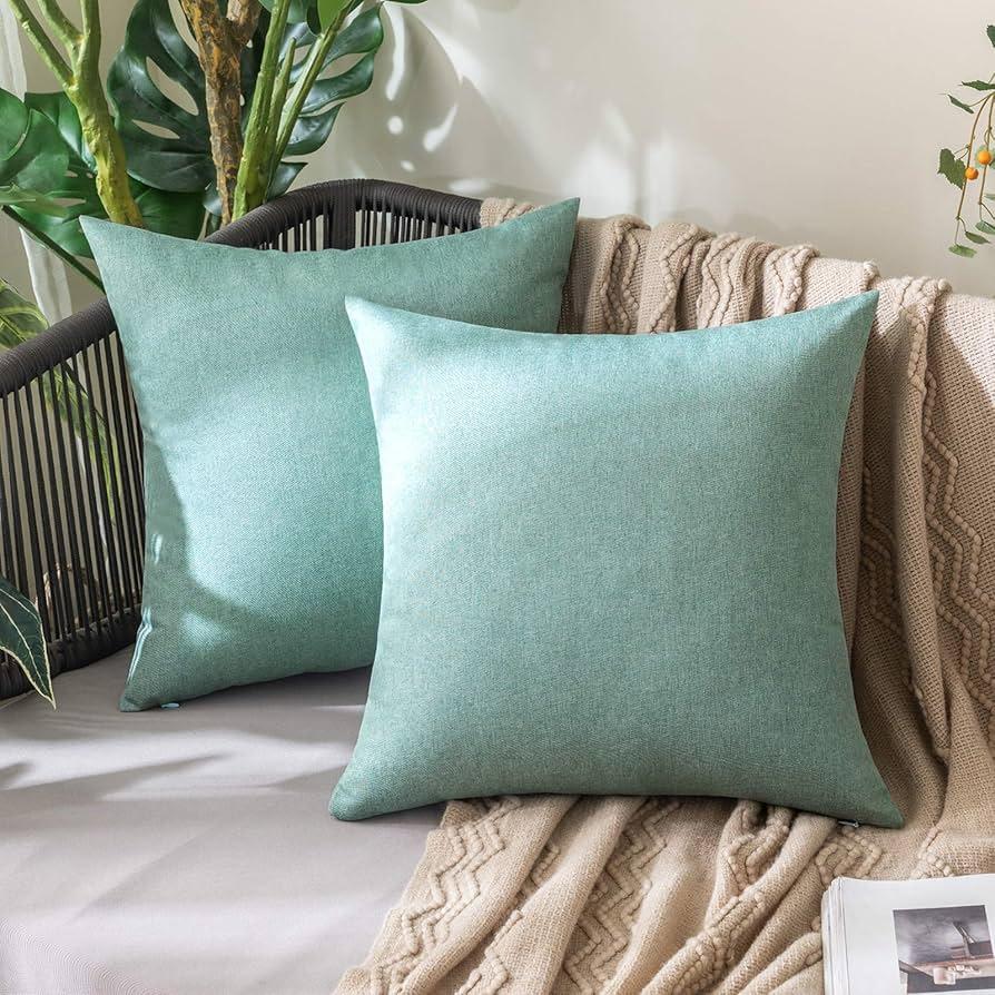 MIULEE Pack of 2 Decorative Outdoor Solid Waterproof Throw Pillow Covers Faux Linen Garden Farmhouse Cushion Cases for Summer Patio Tent Balcony Couch Sofa 12x12 Inch Teal