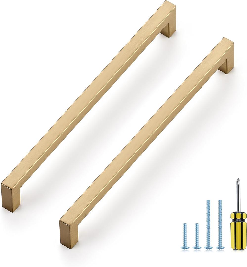 Ravinte 5 Pack Champagne Bronze Cabinet Handles 10 Inch Hole Center Stainless Steel Kitchen Square Cabinet Pulls for Dresser Drawer Cupboard Handles with Screwdriver