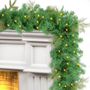 9FT Christmas Garland Decoration, Battery Operated Lighted Pre-lit Garland with Artificial Cypress Pine Needles Timers, Xmas Cedar Garlands for Mantle, Stair, Fireplace, Porch, Outdoor, Table Decor (Prelit Christmas With Lights)