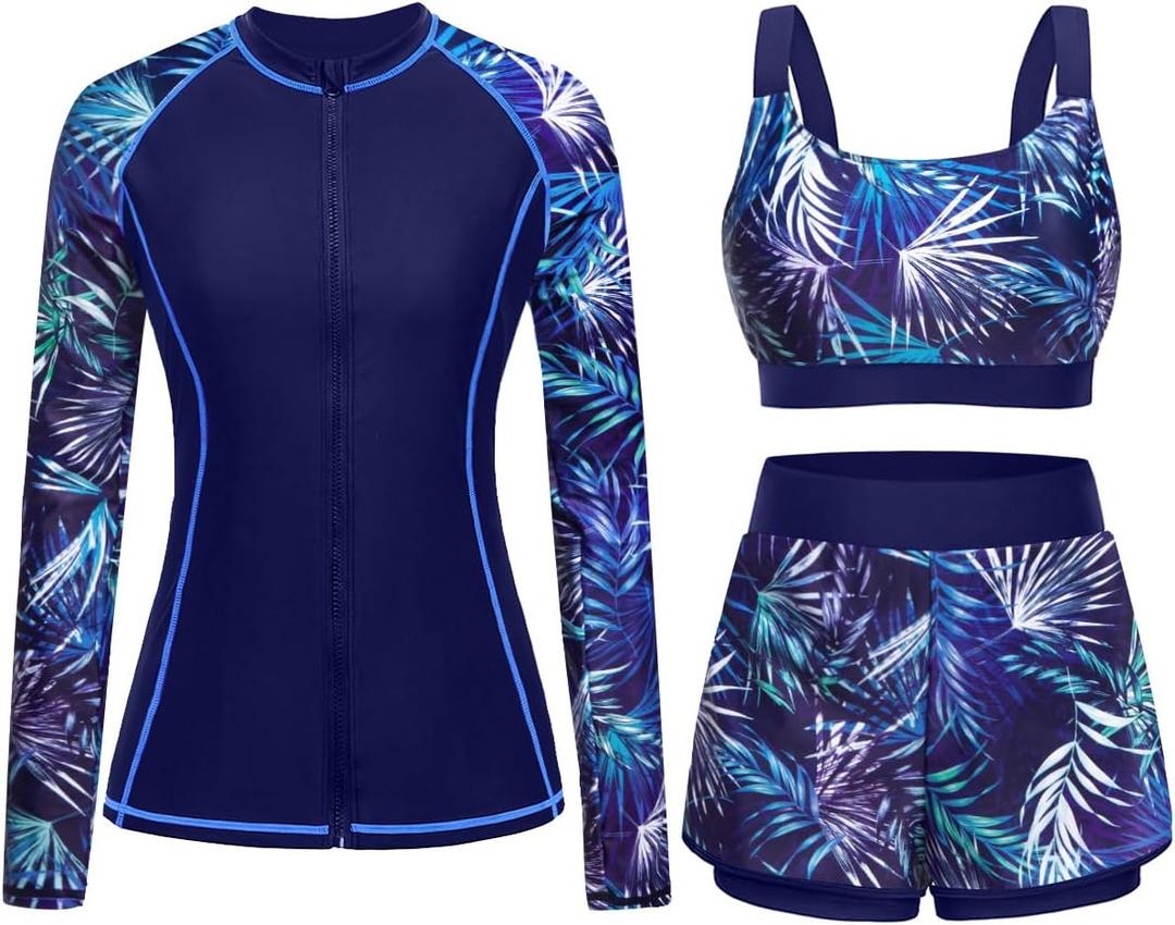 3 Piece Rash Guard for Women - Long Sleeve Swimsuits with Shorts SPF Zip up Swim Shirt with Built in Bra (X-Large, Blue Leaves)