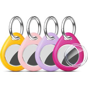 RFUNGUANGO Compatible AirTag Holder Air Tag Keychain Protective Case - 4 Pack Air Tag Protective Case with Metal Keychain for Kids, Pets, Luggage, Backpacks, Keys, Yellow,Pink,Purple,Rosered