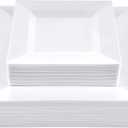 SETUP 60-Piece White Square Plastic Dinnerware Set 30 9.5" Dinner & 30 6.5" Salad Plates Heavy-Duty Disposable for Weddings, Catering, Parties