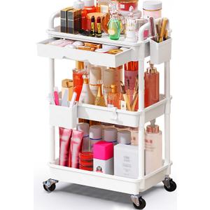 SUNALLY Makeup Cart Organizer with Drawers, Floor Skincare Organizers Vanity Storage Organizer, Rolling Makeup Bathroom Storage Cart Cosmetics Display Cases for Skin Care Perfume Nail Polish, White, 3 Tier