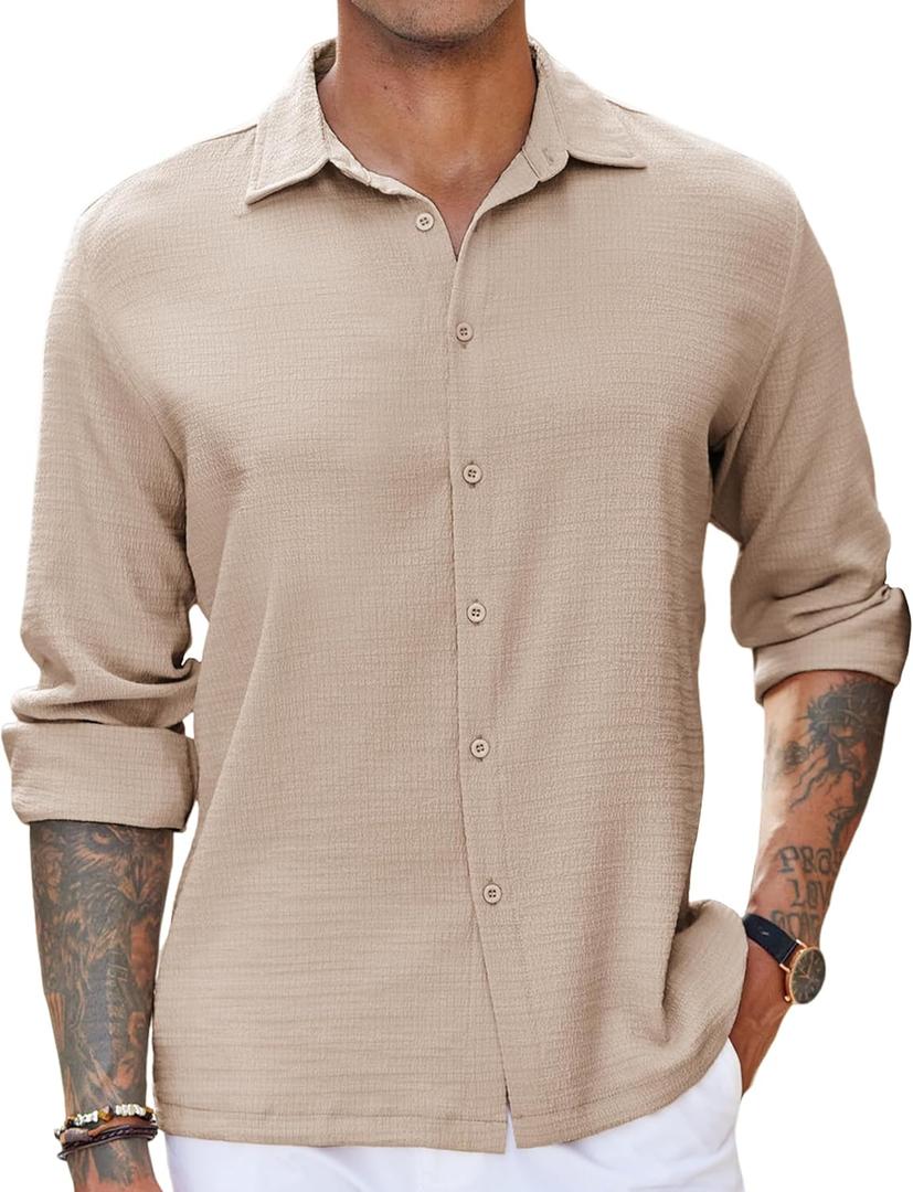 COOFANDY Men's Button Up Long Sleeve Linen Shirts Lightweight Textured No Tuck Beach Shirt L