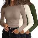Ficerd 3 Pack Women's Ribbed Long Sleeve Tops, Crew Neck Slim Fit Undershirts Knit Basic Casual Stretch Layering Tee Shirts XL