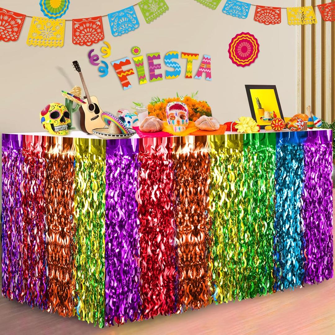 Cinco de Mayo Decorations 2 Packs Fiesta Party Wavy Metallic Tinsel Foil Fringe Table Skirts Mexican Themed for Mexico Day of The Dead Taco Dia De Los Muertos Table Bar Rainbow Party Decor (2 Packs)