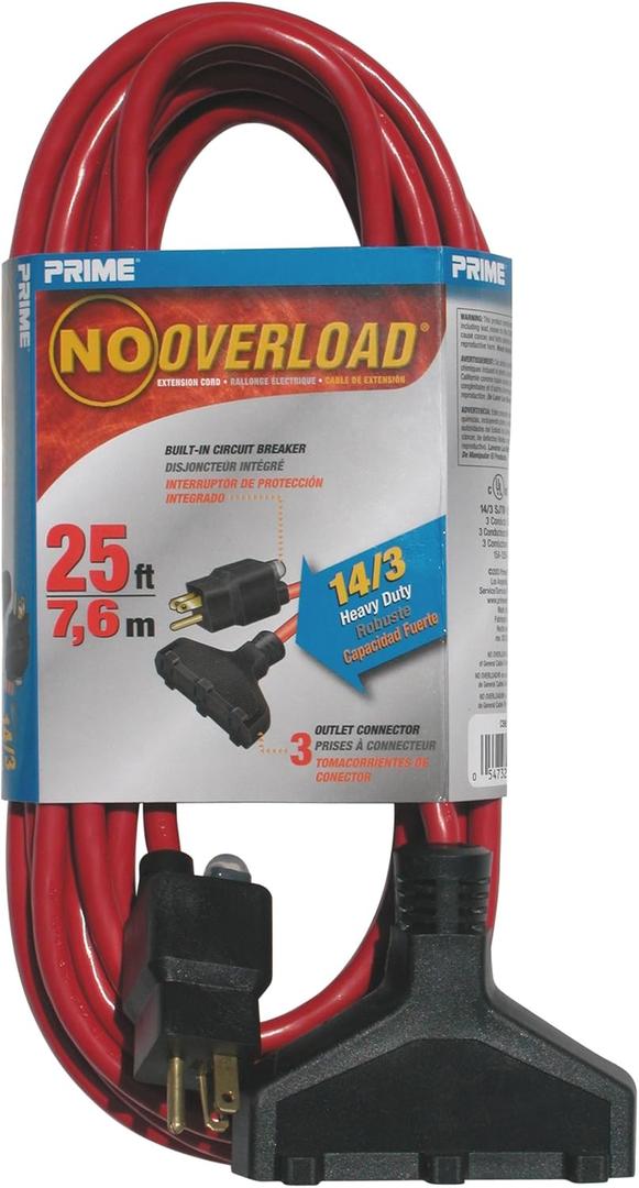 Prime CB614725 25-Foot 14/3 SJTW Triple-Tap Outdoor Extension Cord with Circuit Breaker Plug, Red