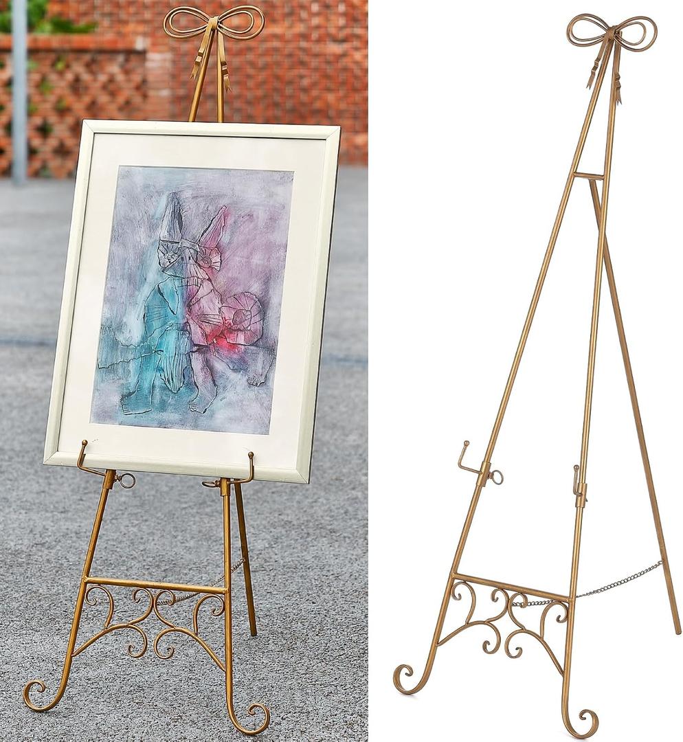 Metal Free Standing Adjustable Display Stand Easel with Chain Support, Gold Easel Stand for Sign with Bow Top, Heavy Duty Easel for Mirror, Sign, Wedding, Picture Frame.(No Installation Required)