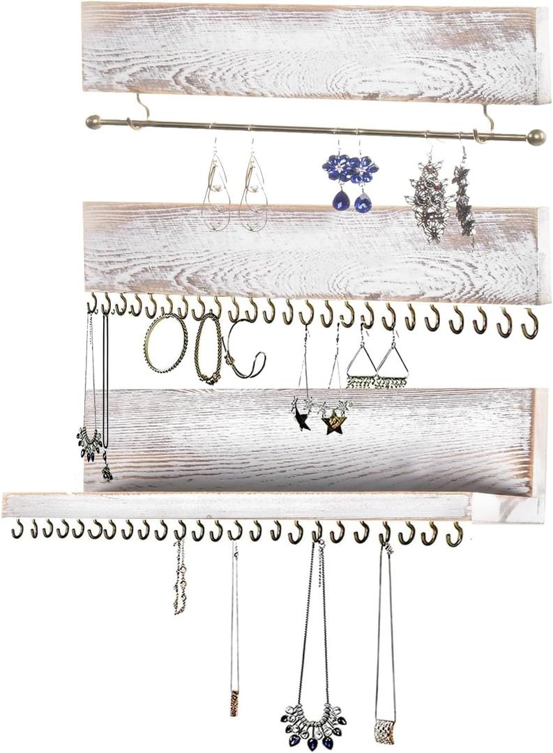 Hanging Jewelry Rack Set of 3, Wall-mounted Wooden Jewelry Storage Rack Shelf, Earrings, Necklaces, Bracelets Organizer Shelves Holder (White)