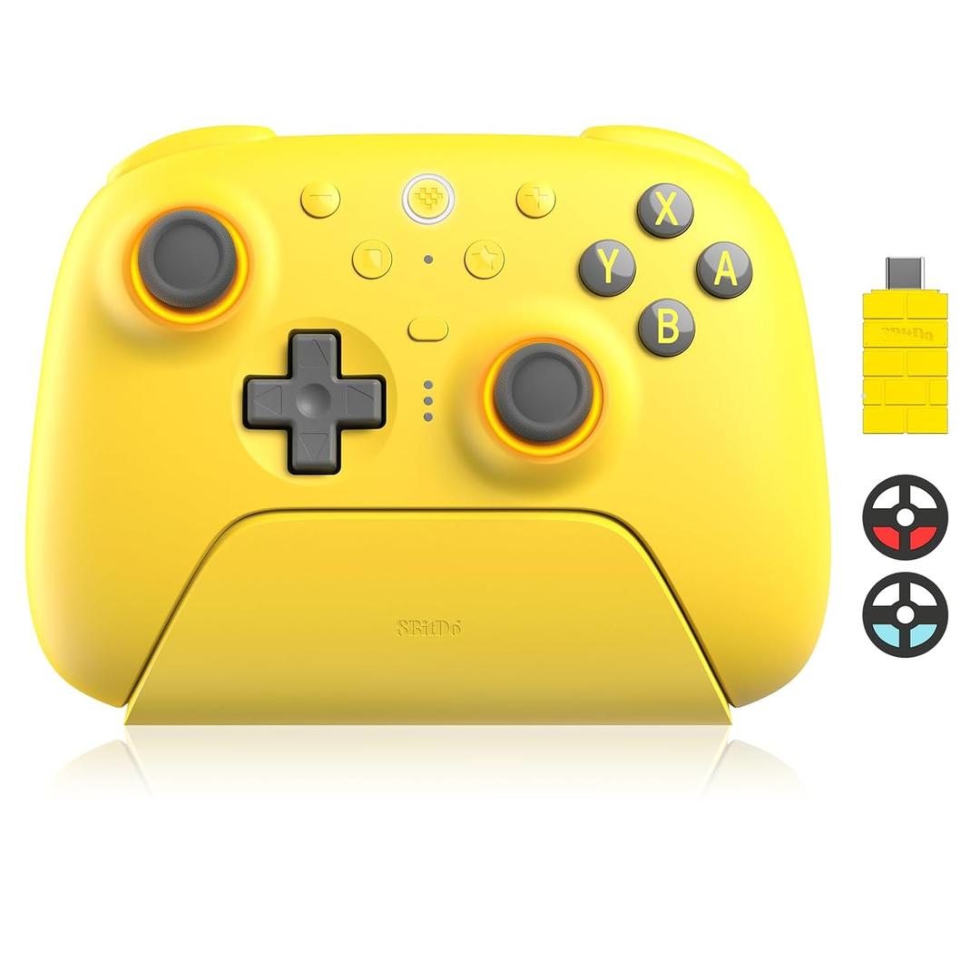 8BitDo Ultimate 2 Bluetooth Controller with TMR Joysticks for Switch, Windows PC, Gaming Controller with Switchable Hall Effect/Tactile Triggers, RGB Fire Ring, Charging Dock,Vibration and Motion control, Yellow