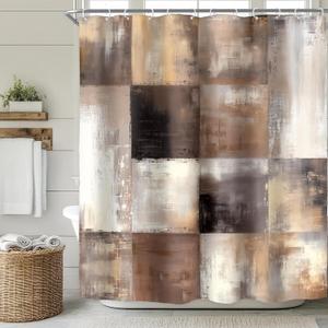 KOMLLEX Brown Shower Curtain for Bathroom 60Wx72H Inches, Rust Rustic Vintage Farmhouse Grey Abstract Shower Curtain Set, Modern Plaid Geometric Aesthetic Bathroom Decor Waterproof Polyester 12 Hooks
