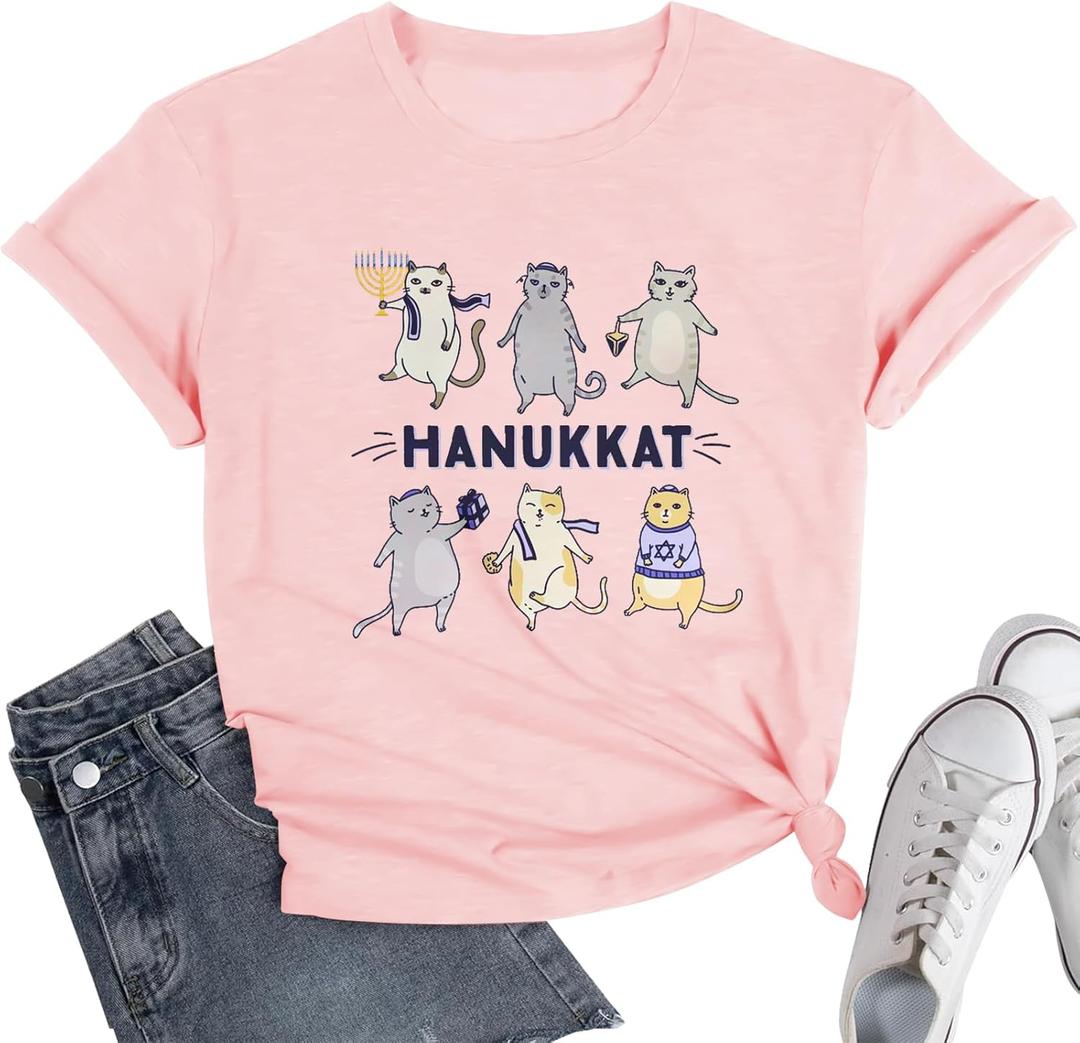 Hanukkah Shirt Women Bow Menorah Candles Hanukkah T-Shirt Jewish Menorah Chanukah Tee Tops (Pink, L)