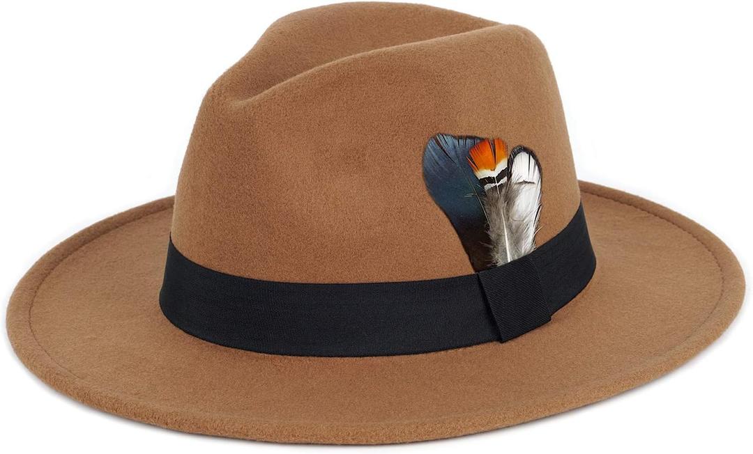 FADACHY Classic Fedora Hat for Men & Women Wide Brim Felt Hat Panama Dress Hat Tan Fedora, L-XL