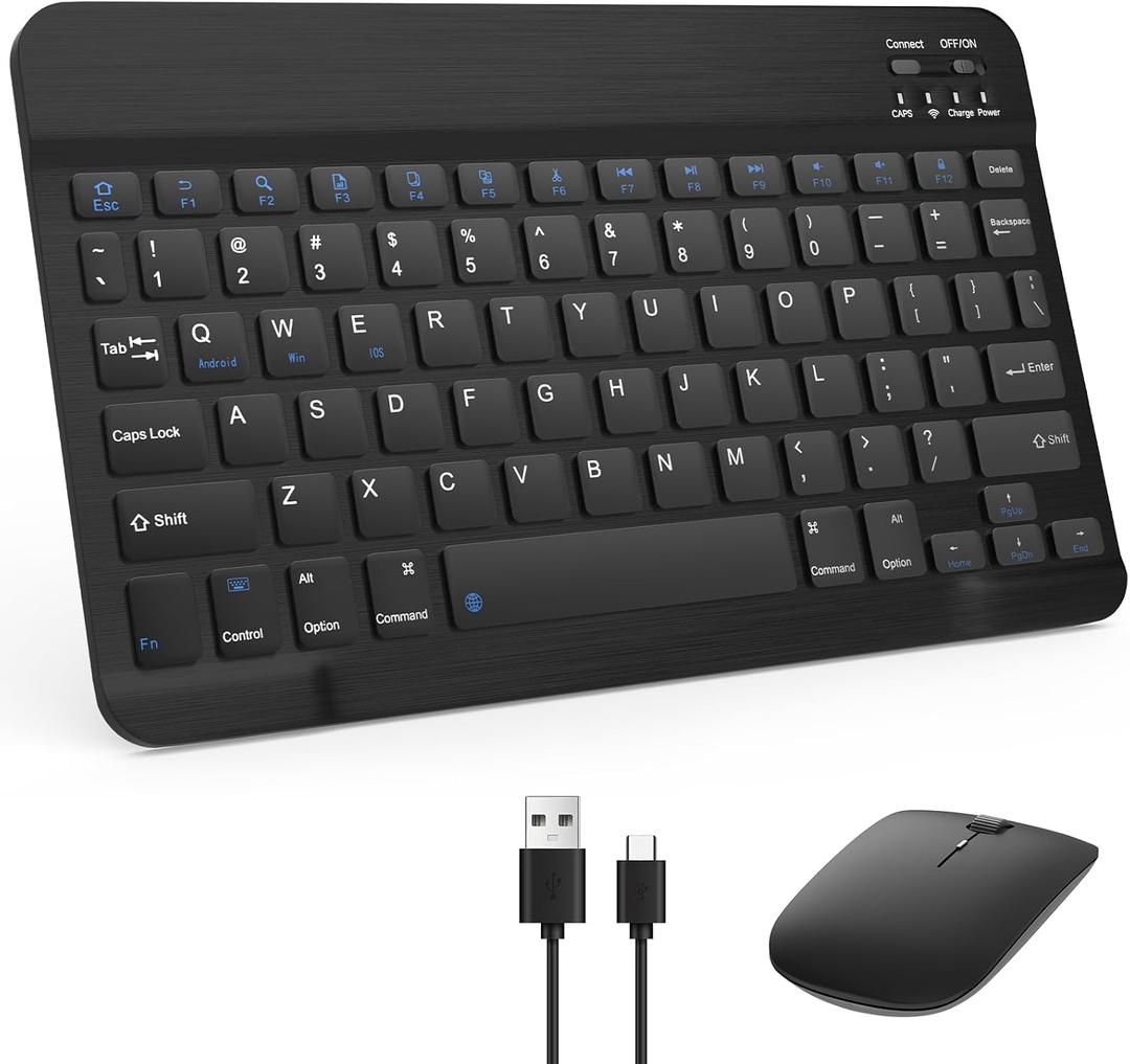 Bluetooth Keyboard & Mouse Combo, QWERTY Layout, 10 inch Ultra-Slim Wireless Keyboard, Lag-Free, Silent Keyboard Compatible with iPhone iPad Computer Tablet (Black)