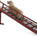 Dog Ramp for Bed or Couch, Wooden Pet Ramp with 20° Gentle Slope, Removable Side Rails, Non-Slip Surface, Top Platform & Wheels, Safe Bed Ramp for Small, Medium & Senior Dogs, 74" Long, Reddish-brown