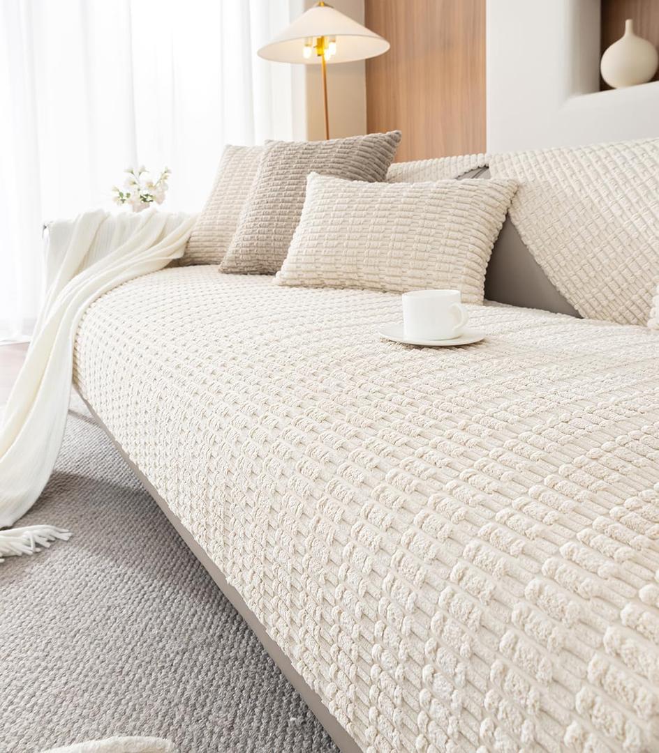 vctops Striped Corduroy Solid Couch Cover Sofa Covers Soft Cozy Sectional Couch Cover Washable Non Slip Sofa Slipcover Furniture Protector (Cream, 80"x30")