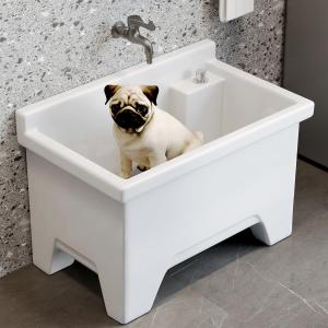 Ceramic Floor Mop Sink Mop Service Basin, Free Standing Slop Sink, Large Mop Tub, Utility Sink for Laundry Room, Bathroom, Garage, and Outdoor, with Button Drainage, 16.1"D x 23.4"W x 18.3"H, White
