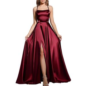 MisShow Women's Spaghetti Straps Prom Dresses Long Satin Bridesmaid Dress with Slit Formal Party Gown (Burgundy, S)