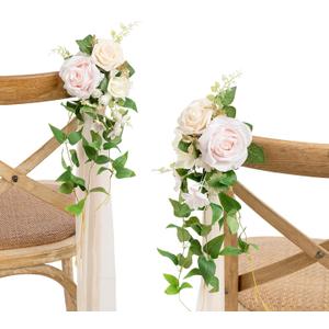 Ling's Moment 8pcs Wedding Artificial Aisle Pew Flowers Chair Decorations Arrangements with Chiffon Ribbons Blush Pink Cream for Ceremony Chair Back Floral Decor Reception Church Party Outdoor