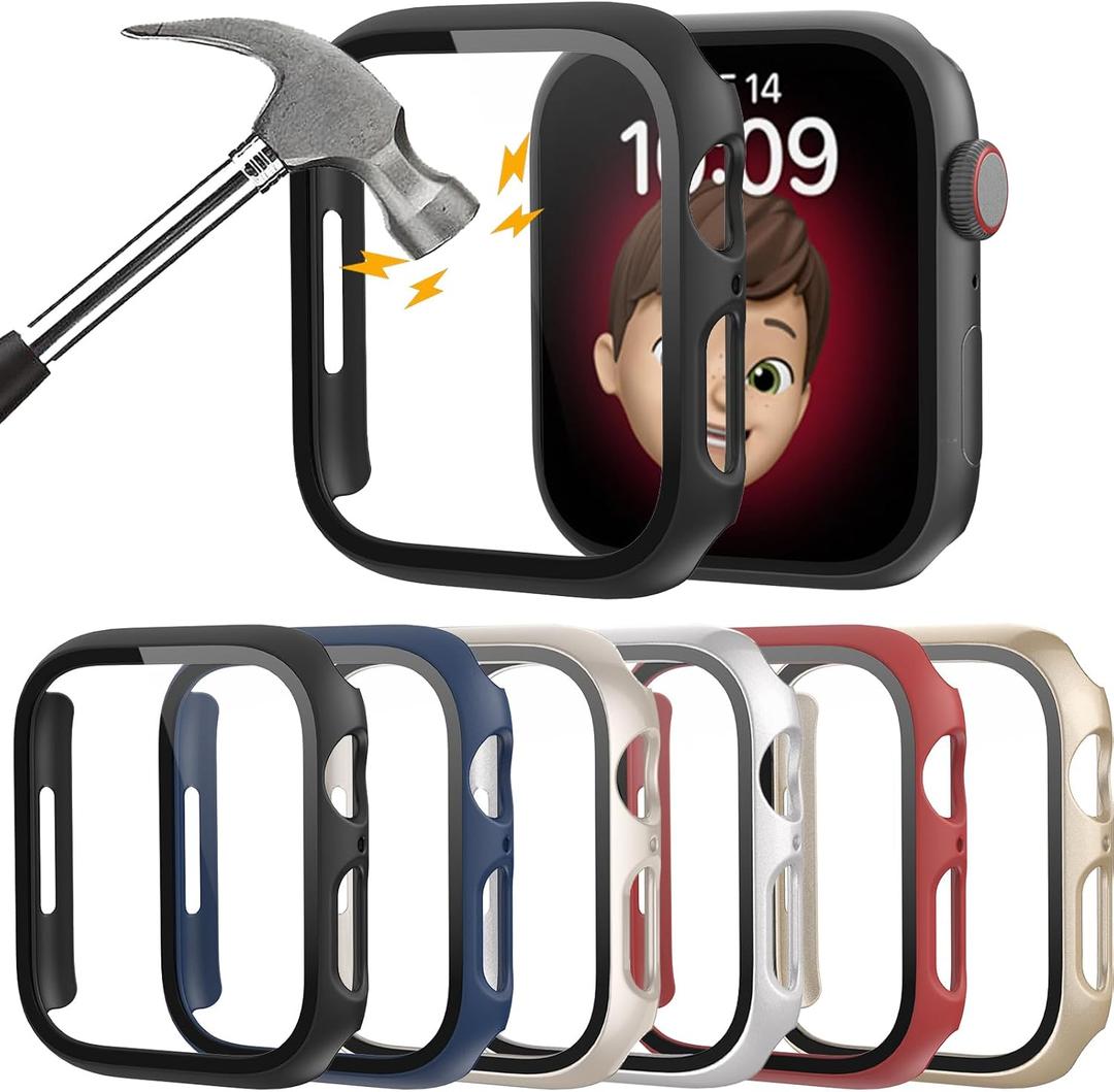 Rontion 6 Pack Hard PC Case with Tempered Glass Screen Protector 40mm for Apple Watch SE(2nd Gen) Series 6/SE/5/4, Scratch Resistant Full Protective Bumper Cover for iWatch 40mm Accessories (Black+Blue+Starlight+Silver+Red+Gold)
