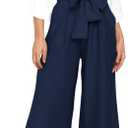 FANCYINN Womens 2 Piece Crop Pants Set V Neck Long Sleeves Tops High Waisted Cropped Paper Bag Pants with Belt Navy Blue Pants & White Blouse Top, XL