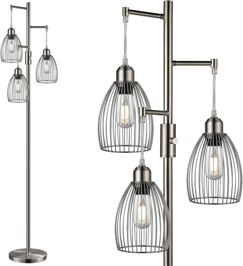 Nintiue Dimmable Floor Lamp, 3 x 800LM LED Edison Bulbs Included, Industrial Floor Lamp Standing Tree Lamp with Elegant Teardrop Cage Heads Tall Lamps for Living Room Bedroom-Brushed Nickel
