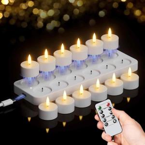 GenSwin 12 Rechargeable Tea Lights Candles with Charging Base and Remote Timer, Flameless LED Tealight Candles Battery Operated Halloween Fall Wedding Table Centerpieces (1.57 x 1.85)