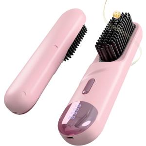 Go Brush Pro for Short Hair Hair Straightener Brush Cordless & Portable with 300M Negative Ions, 4 Temps Fast Heating, Game Day Ready Styling Tool for Watch Parties, Travel & Daily Use Pink