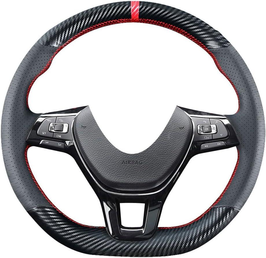 DIY Stitching Carbon Fiber Steering Wheel Cover for Volkswagen VW Arteon Atlas Jetta Passat e-Golf Golf Sportwagen Alltrack Ti-guan 2015-2021 Black 15 inches Leather Interior Accessories (Without Paddle Shifters Purchase This)
