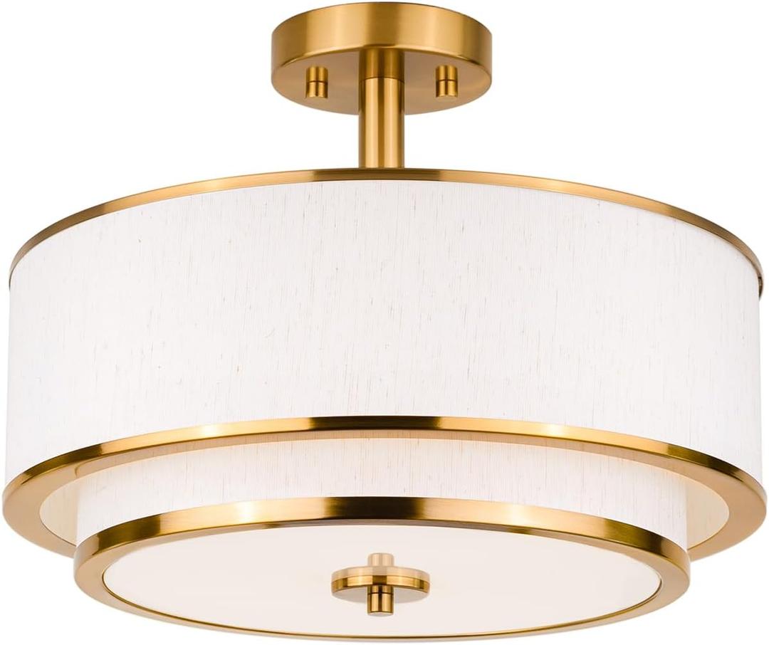 3-Light Semi Flush Mount Ceiling Light, 16" Drum Light with White Fabric Shade, Modern Close to Ceiling Lamp for Living Room Bedroom Dining Kitchen Hallway Entry (Brushed Gold)