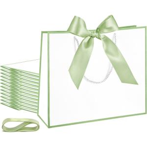 Silkfly 24 Pcs Gift Bags with Handles for Bridesmaid, 12x10x4'' Wedding Welcome Elegant Gift Bags with Bow Ribbon for Graduation Groomsmen Women Baby Shower Birthday Housewarming (White,Sage Green)