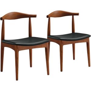 Solid Wood Dining Chairs Set of 2, Mid Century Dining Chairs, Upholstered PU Leather Chairs with Wide Curved Backrest, Chairs for Dining Room, Kitchen, Walnut Finish