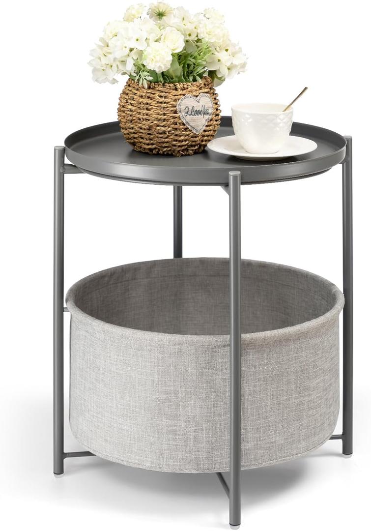danpinera Round Side Table with Fabric Storage Basket, Metal Side Table Small Bedside Nightstand with Removable Tray Top for Living Room, Bedroom, Nursery, Laundry, Gray (Grey)