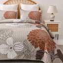 King Quilt Sets Brown Floral Pattern Quilt Bedding Set, 3 Pieces Botanical Quilt Bedspread Coverlet Set, Soft Microfiber Bed Coverlet Bedding Set for All Season((104" x 90)