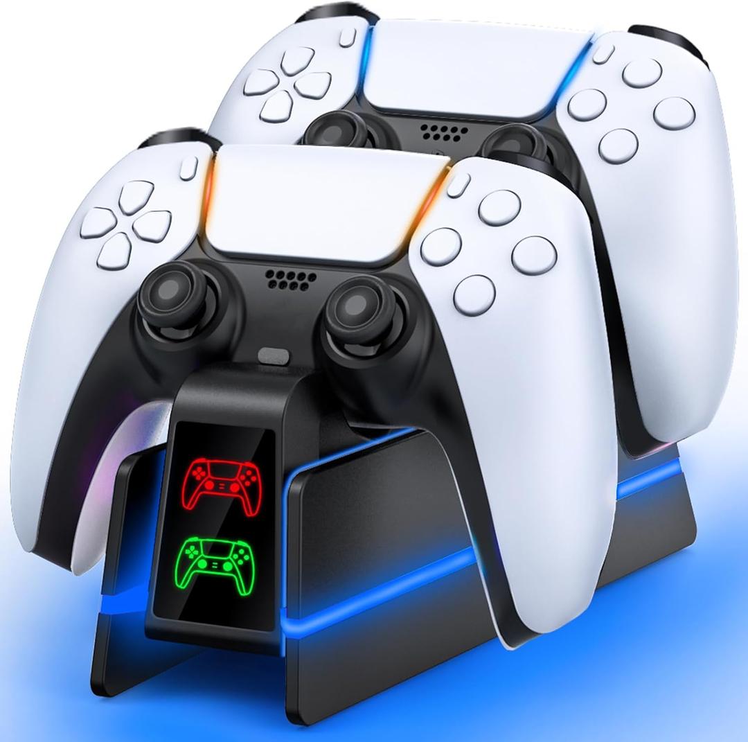 PS5-Controller-Charger-Station - Charging Station for PlayStation 5 Dualsense/Edge Controller with 9 Color Led Light, Fast Charging Dock & Holder Stand for PS5/Slim/Pro Remote - Whole Black