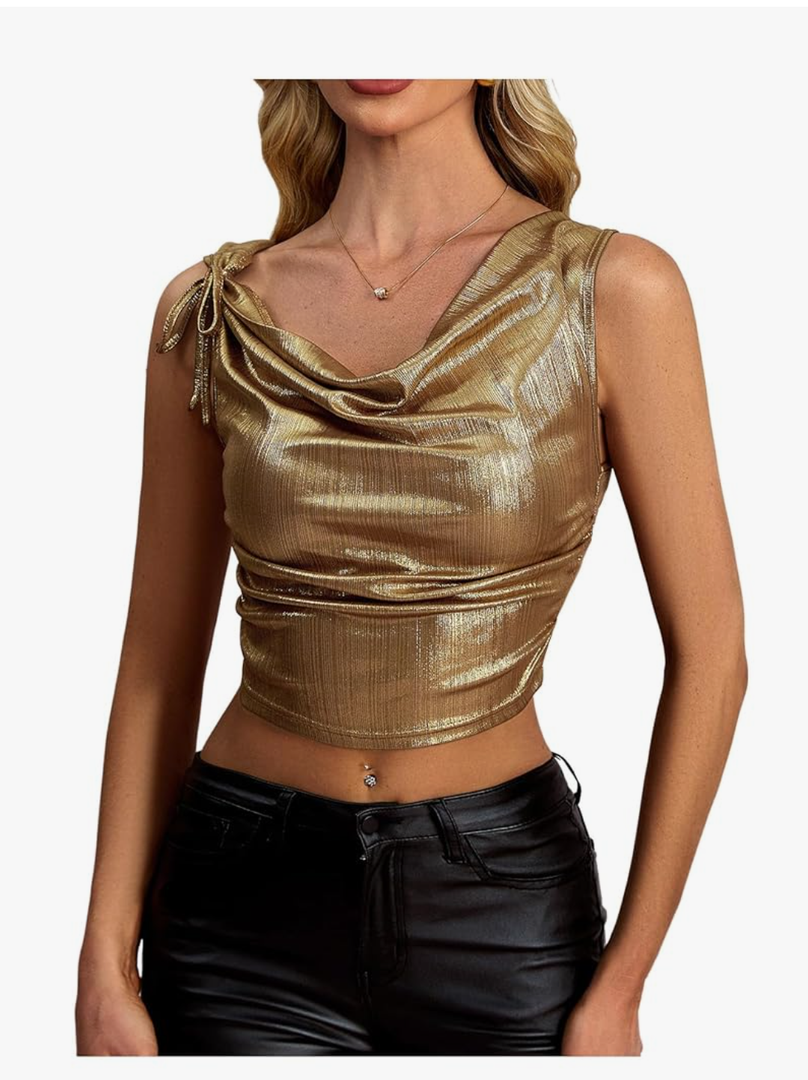 Women's Metallic Cowl Neck Tank Top Ruched Tie Front Sleeveless Party Club Crop Tops, Size XL