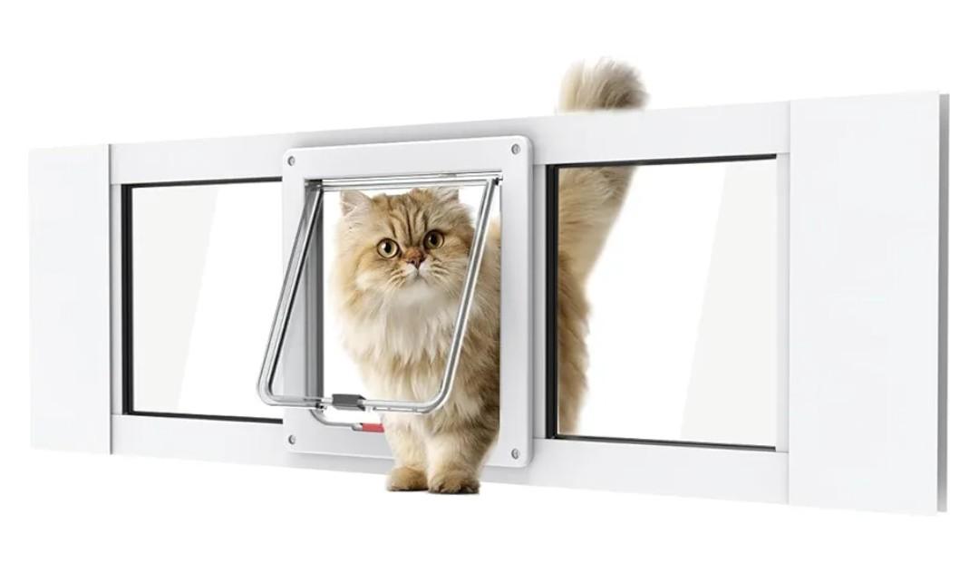 Cat Door for Windows Width Adjustable 31.5" to 35.43" Easy 10 Minute Installation Magnetic Suction Design Weatherproof for Cats Ideal Cat Door for Window Use L