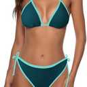 Zonsaoja Women String Bikini Halter Side Tie Two Piece Swimsuit Color Block Triangle Bathing Suits L