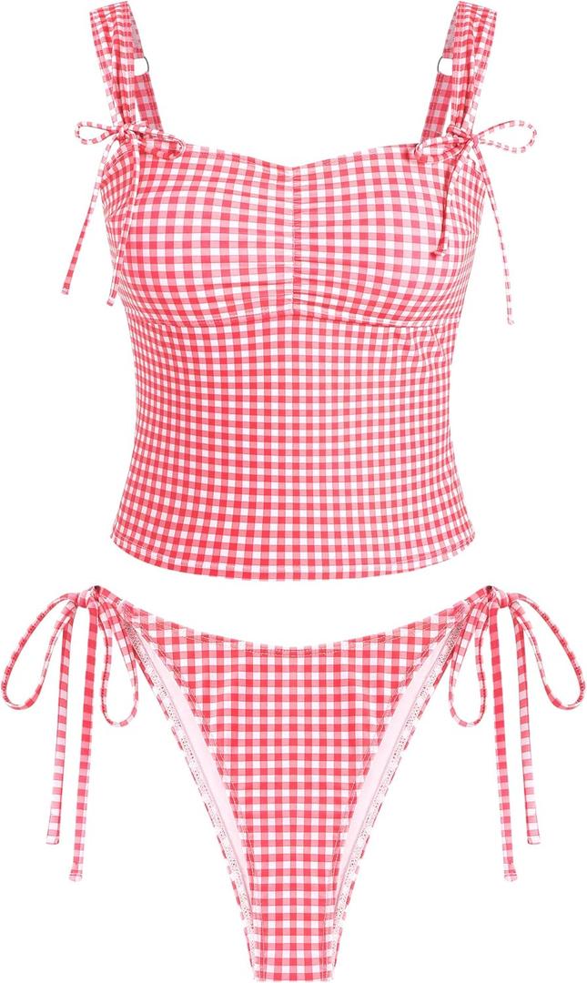 ZAFUL Women's Gingham Ruched Bowknot Decor Cinched Back Tankini Set Tummy Control 2 Piece Bikini Swimsuits (Medium, Red)