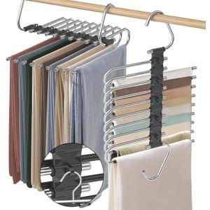 Upgrade 9 Layers Pants Hangers Space Saving, 2 Pack Non Slip Stainless Steel Multifunctional Pants Rack Closet Pant Hanger Organizer with Hooks for Pants Jeans Trousers Dorm Room Essentials, Black