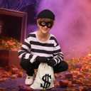 COSPELEY 5 PCS Halloween Kids Bank Robber Costume Set, Burglar and Thief Cosplay Sets, Include Black and White Striped Shirt Cap Mask Bags Gloves for Role-playing Cosplay, 10-12 Years