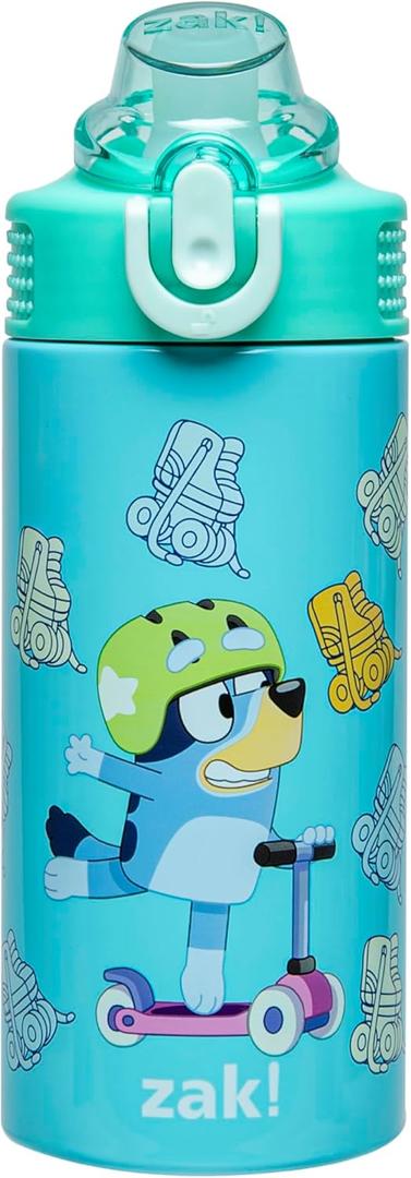 Zak Designs Bluey Sage Kids Water Bottle For School or Travel, 14oz Stainless Steel Water Bottle With Straw, Handle, and Leak-Proof, Pop-Up Spout Cover (Bluey & Bingo)