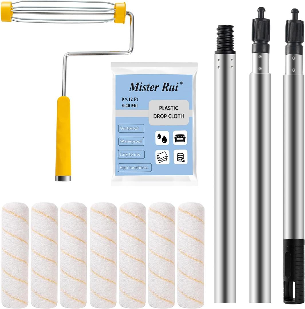 Mister Rui Paint Roller Kit, 10 Pack, 9 Inch Paint Roller Frame with Microfiber Roller Covers, Stainless Steel Extension Pole 3 Segments Total 3 Ft, Paint Supplies for Walls and Ceilings