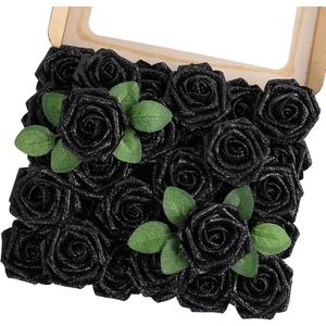 MACTING 30PCS Artificial Flowers Real Touch Foam Roses with Stem Black Fake Glitter Flowers for DIY Wedding Bouquet Table Centerpieces Party Holiday Wreath Home Xmas Christmas Decorations