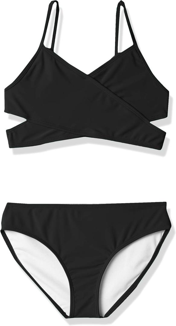Kanu Surf Girls' Coral Reef Beach Sport Wrap Around Bikini 2-Piece Swimsuit (14, Solid Black)