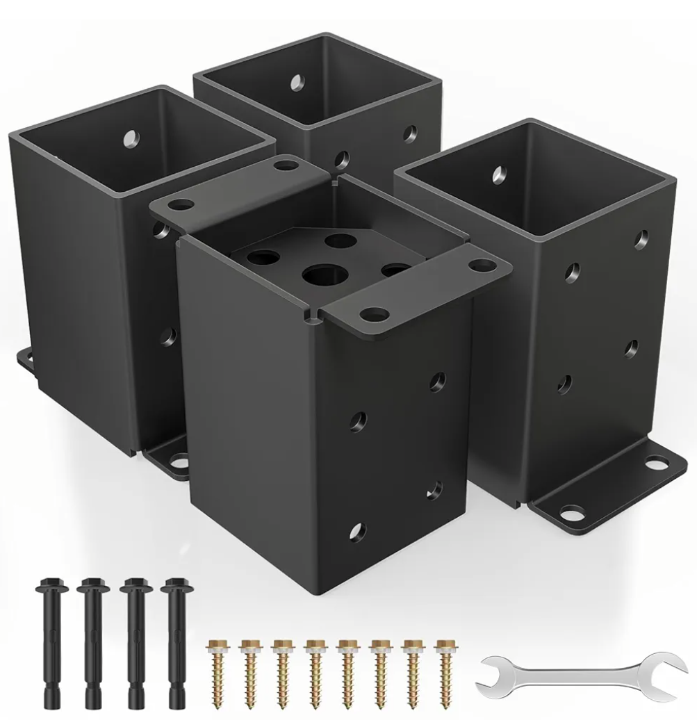 QZER 4×4 Post Base, Inner Size 3.5""x3.5"" Deck Post Brackets, Heavy Duty Metal Black Powder Coated Fence Post Anchor Base for Pavilion Porch Railing Pergola Support Deck Base Plate 4 Pcs