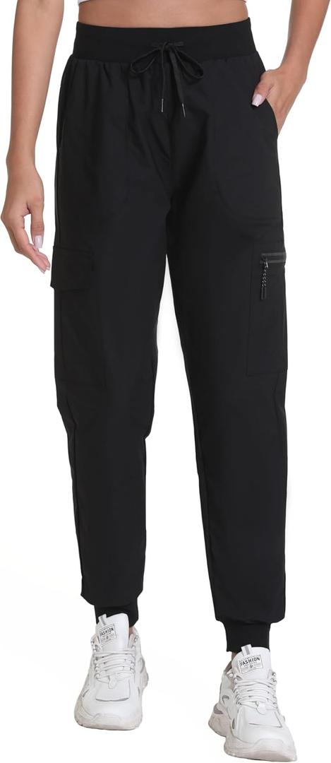 Women's Lightweight Cargo Pants with Pockets Stretchy Quick Dry Hiking Pants for Travel Casual Outdoor (Large, Dark Black)