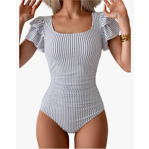 Eomenie Women's Tummy Control One Piece Swimsuit Ruffle Square Neck Bathing Suit Ruched Cutout Back Slimming Swimwear, Small