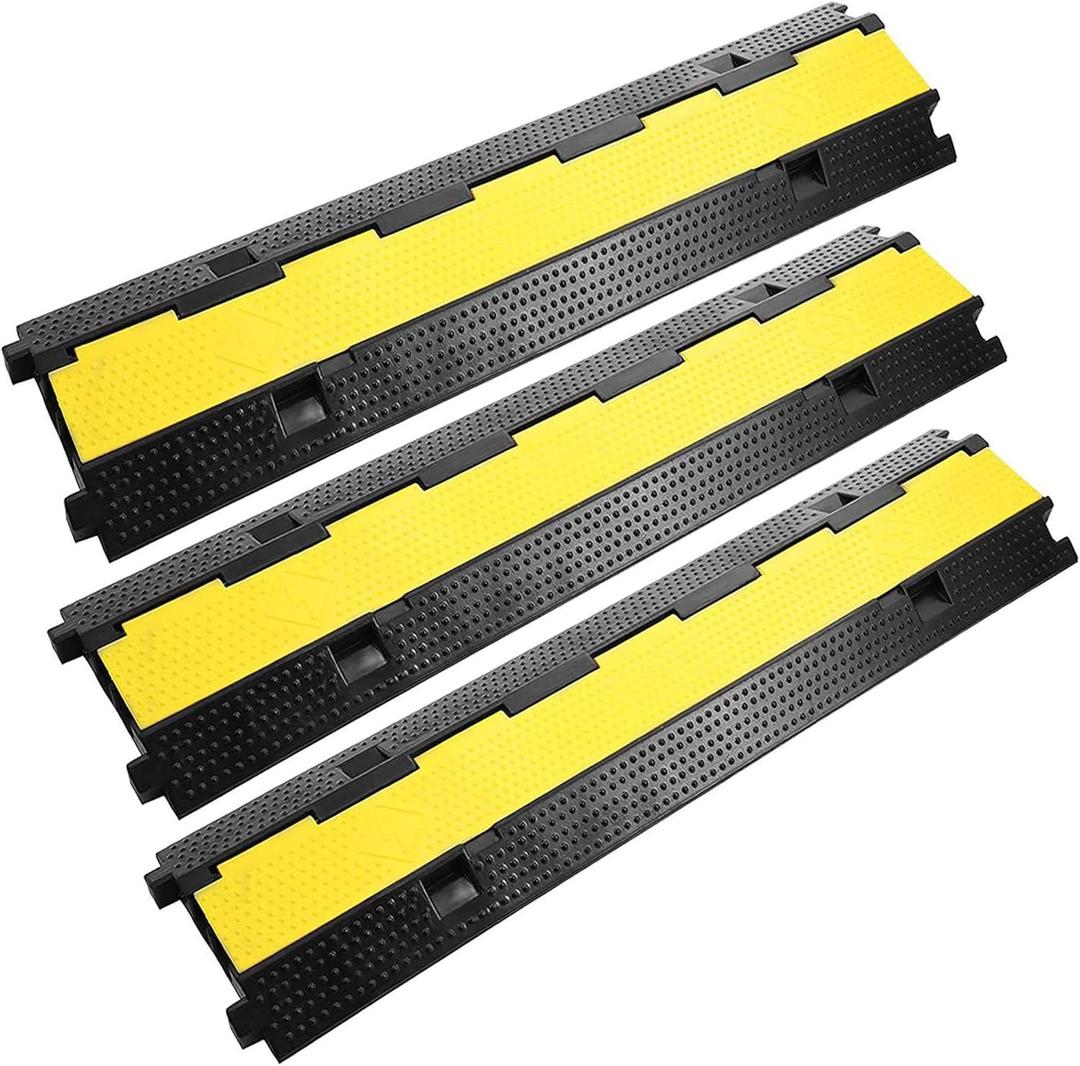 Reliancer 3 Pack Dual Channel Rubber Cable Protector Ramp 2 Channel Traffic Speed Bump 11000lbs Capacity Heavy Duty Driveway Hose Cover Ramp Cord Track Protector Wires Concealer w/Flip-Open Top Cover (3 Pack 2-Channel Ramp)