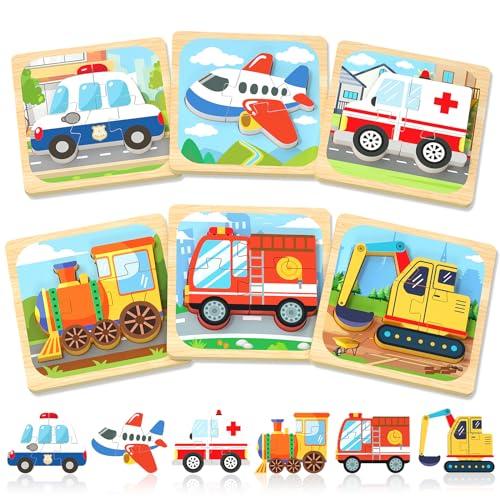 Benresive Wooden Toddler Puzzles, Montessori Toys for 1 2 3 Year Old Boys, Toys for 1 2 3 Year Old Boy Birthday Gifts, 6 Pack Vehicle Toddler Learning Educational Puzzles